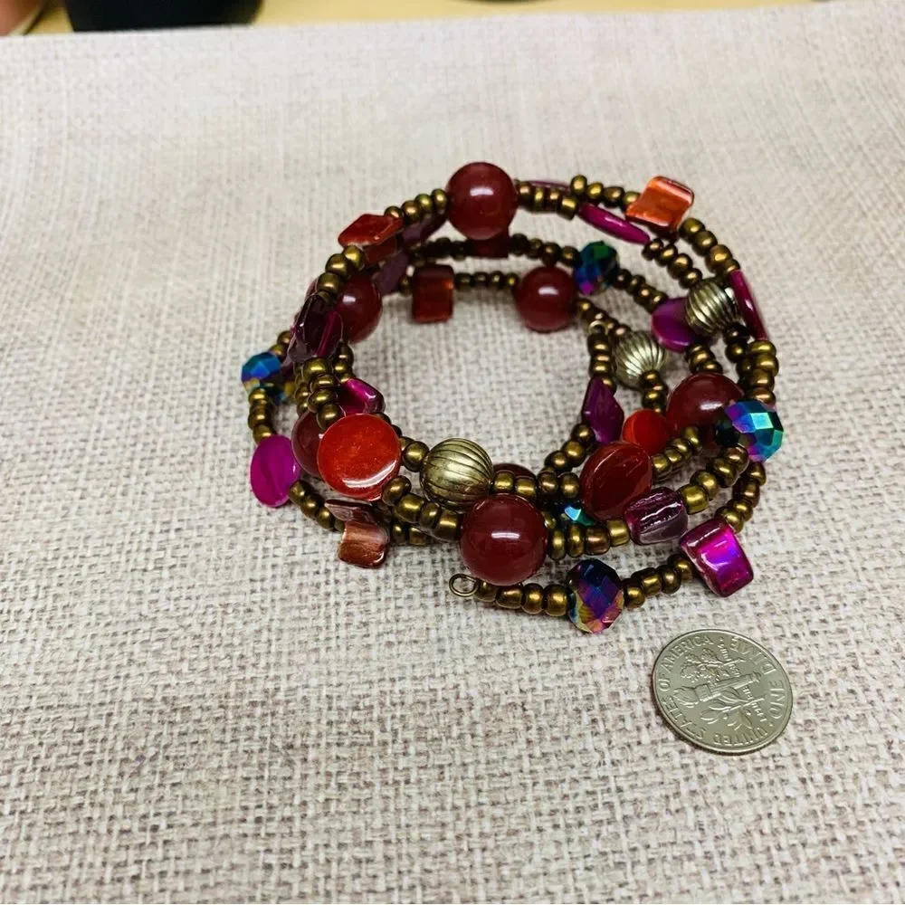 Glass Bead Red Purple‎ Gold Memory Wire Bracelet